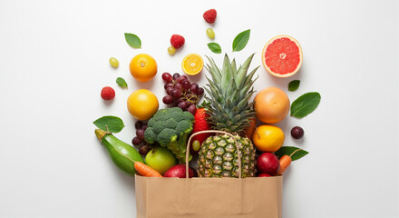 Wall Mural - Fresh fruits and vegetables in a paper bag showcasing healthy produce and vibrant colors