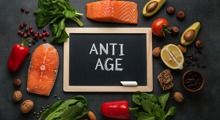 Wall Mural - Food arrangement featuring anti-age salmon healthy vegetables nuts and fresh ingredients for vibrant living