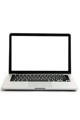 Poster - A laptop with a blank screen on a white surface, great for showcasing technology or office settings