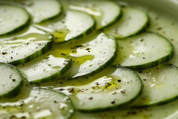 Canvas Print - Slices of cucumber drizzled with olive oil and sprinkled with black pepper.