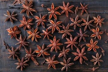 Poster - A bunch of star anise arranged artfully on a wooden table, great for food and nature photography