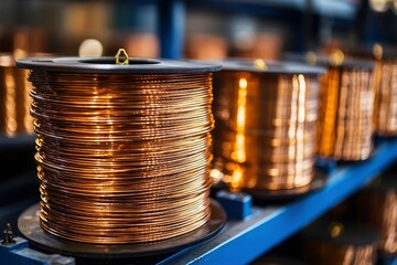 Wall Mural - Close-up of Copper Wire Spools in a Factory Setting