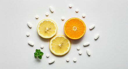 Wall Mural - Citrus fruits and pills on white background showcasing health benefits and dietary supplements