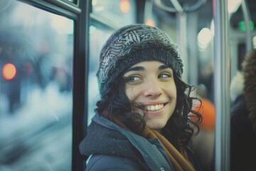 Aufkleber - A smiling woman enjoys her ride on a city bus