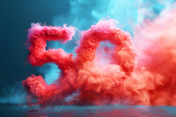 Number from light red dust or smoke on blue background. Character Number 50 % Fifty percent with particles on abstract texture background. Realistic for advertising design clipart template pattern.