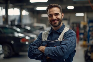 Poster - In a modern auto repair shop, garage, male technician cross arms with his hands on his hips.