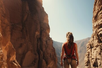 Wall Mural - Photography of climber woman at artificial cliff.