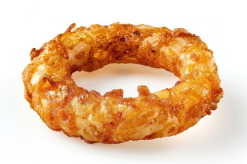 A crispy fried onion ring on a white background