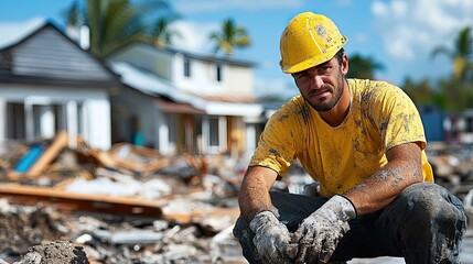 18. A detailed scene of a charity worker helping to rebuild homes after a natural disaster, with construction tools and debris in the background.