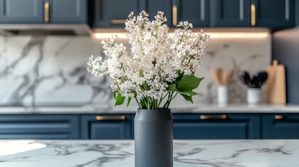 Poster - Vase with fresh spring flowers on dinning table in Scandinavian style on white background. Light blue and white colors.