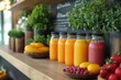 © julija - vibrant office juice bar with sleek modern design featuring colorful freshpressed juices in glass bottles and bowls of exotic fruits