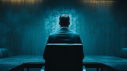 Poster - A man in a suit is sitting at a desk in a dark room