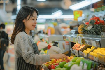Fototapete - A woman shopping for groceries in a modern store