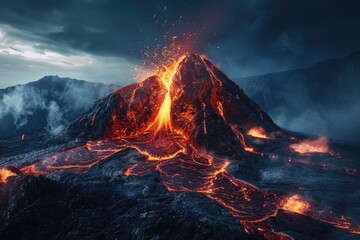 Poster - A volcano in eruption, with lava flowing out of its mouth
