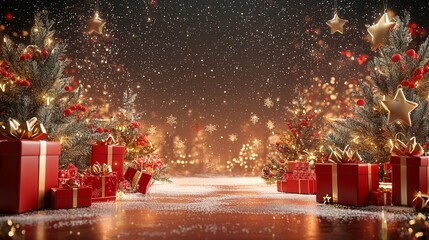 Canvas Print - An illumination of Christmas trees with red and golden garlands into a forest with snowflakes taking the shape of stars close to Xmas gifts in red boxes, Stock Illustration