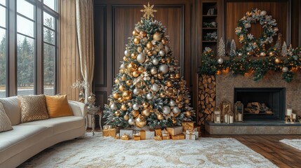 Wall Mural - elegant christmas tree with gold and silver ornaments being decorated in a luxurious living room, so