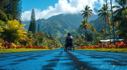 A person in a wheelchair rolls down a scenic path surrounded by lush greenery and palm trees with mountains in the background under a vibrant blue sky.