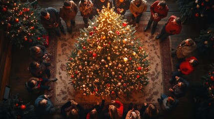 Wall Mural - friends gathered around a christmas tree, stringing lights and hanging ornaments, festive music play