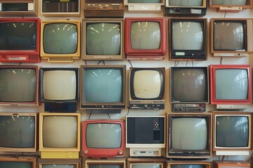 Poster - A collection of vintage televisions stacked one on top of the other, with different shapes and sizes