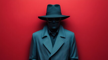 Poster - A man in a black hat and coat stands in front of a red background