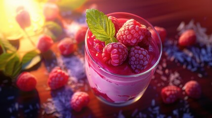 Delicious tasty milk shake drink with raspberry fruit