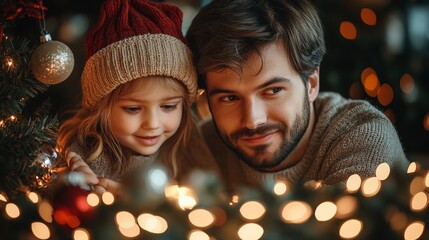 Wall Mural - parents helping children untangle christmas lights while decorating a tree, playful and lighthearted