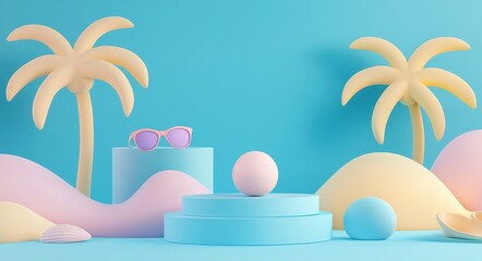 Poster - The summer season decoration elements theme is shown in the 3D render of a minimal podium stand for advertising with white blank circles on blue backgrounds.