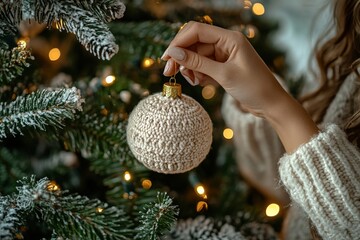 Wall Mural - person hanging a handmade ornament on a christmas tree, focus on craftsmanship, natural holiday deco