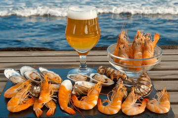 Panoramic view of a seafood feast, a variety of shellfish and crustaceans, a bright and airy setting of a coastal restaurant, sunny day