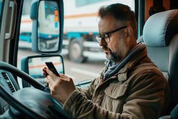 Poster - A person sitting in a car looking at their mobile device, possibly checking messages or browsing the internet