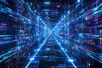 Poster - A dark room with a vibrant blue and purple light tunnel