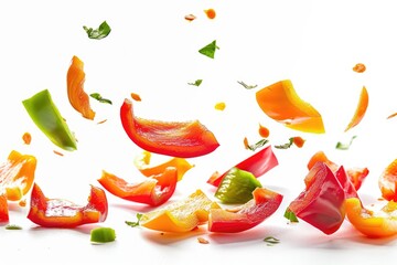 A bunch of colorful peppers being thrown in the air, great for food and cooking related images