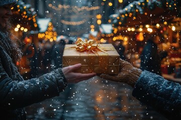 Wall Mural - outdoor christmas market scene, friends exchanging small gifts with festive stalls and lights in the