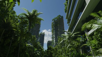 Fototapete - Illustration of an urban landscape with high rise buildings and terraces covered in vegetation, intended for environmental architecture backgrounds.