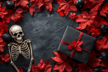 Poster - Happy Halloween festival background with beautiful orange tulip and maple leaf. Object on rustic wooden. Copy space for text information. Dark tone design.