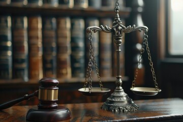 Poster - A traditional courtroom setting with a wooden table, metal scale, and judge's gavel