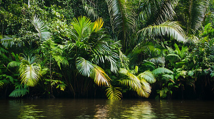 Wall Mural - A wide shot of various Amazonian ferns and palms growing along a riverbank, showcasing the rich biodiversity 