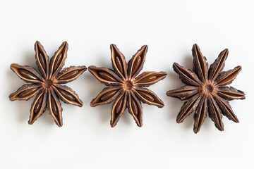 Wall Mural - Close-up of three star anise pods on a white background