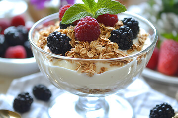 A delicious parfait with yogurt, granola, and fresh berries, perfect for a healthy snack.