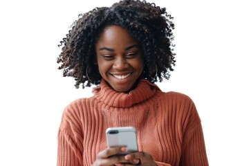 Poster - A woman smiling while looking at her cell phone, possibly checking social media or reading news