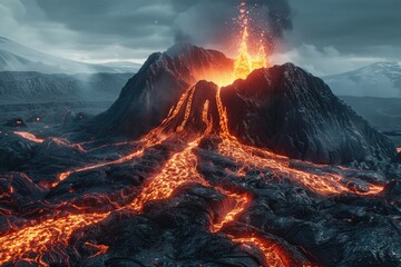 Canvas Print - A volcanic eruption spews hot lava into the air