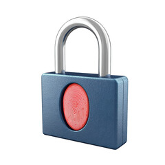 Poster - A modern padlock with a built-in fingerprint scanner for enhanced security on a white background.