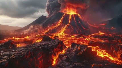 Poster - A powerful volcano erupts with hot lava flowing into the air