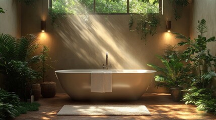 Poster - Serene bathroom with a freestanding tub surrounded by greenery.