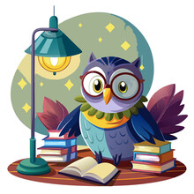 an illustration of a cute, cartoon-style owl sitting on a wooden table. The owl is wearing large round glasses and has a colorful plumage with shades of blue, purple, and green