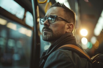 Poster - A person wearing glasses and carrying a backpack rides the bus