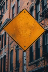 Aufkleber - A yellow street sign sitting in front of a building, useful for urban and cityscape photography