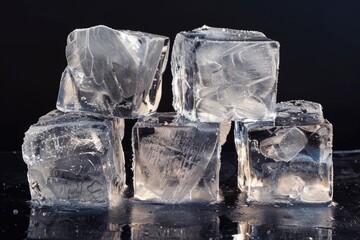 Poster - A cluster of ice cubes sitting on a table, great for illustrations about cooling or temperature