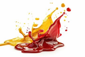 Poster - A vibrant mixture of red and yellow liquids creating a dynamic splash on a white surface