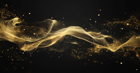 Aufkleber - Golden smoke, fluid particles that glow and shine, liquid gold glitter pouring on a black background. Sparkling gold, glittering shimmer pouring and evaporating, magic glow haze with swirls of haze